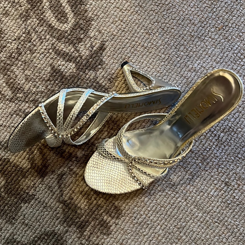 Simonelli Silver 3” Heels embellished with rhinestones